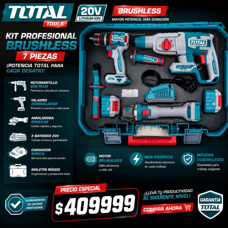 Kit 3 en 1 Brushless 20V — Rotomartillo SDS + Taladro + Amoladora TOTAL