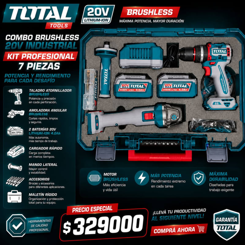 Kit 2 en 1 Brushless 20V — Taladro Atornillador + Amoladora 1200W + 2 Baterías TOTAL