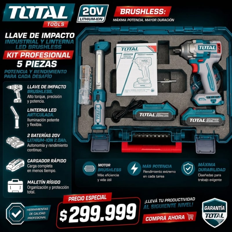 Kit 5 piezas Brushless 20V — Llave de Impacto + Linterna LED TOTAL