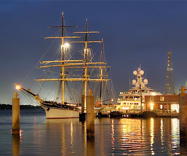 Tall Ship Elissa Port Bow Docked with Evening Lights