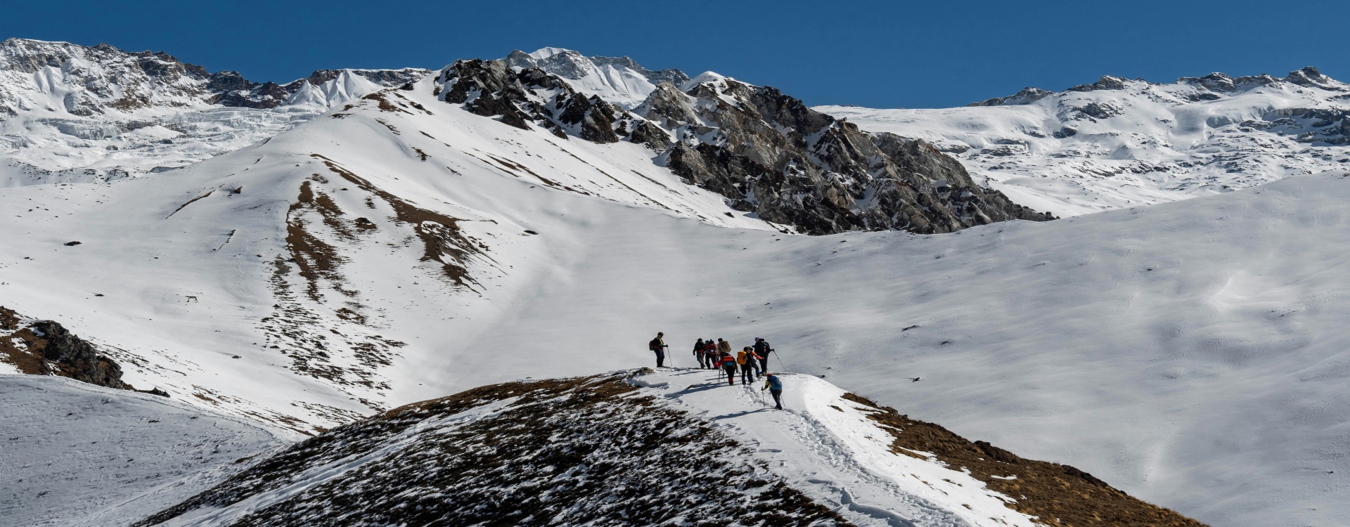 Summit Triumph at Tserko Ri (4,984m) -Langtang Valley, Nepal A group of trekkers standing at the summit of Tserko Ri at 4,984 meters, with panoramic views of the Langtang Himalayan range stretching across the horizon in Nepal.