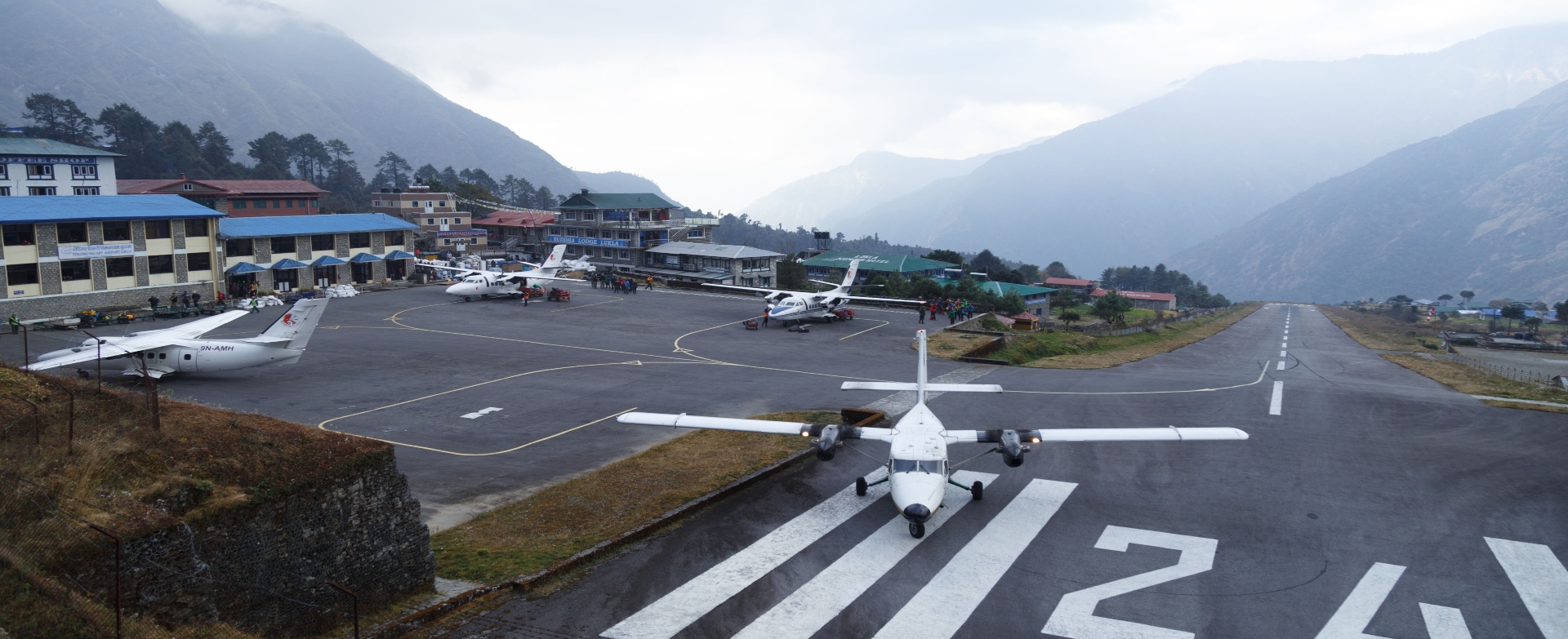 Aircraft on the Lukla airport runway, gateway to the Everest region