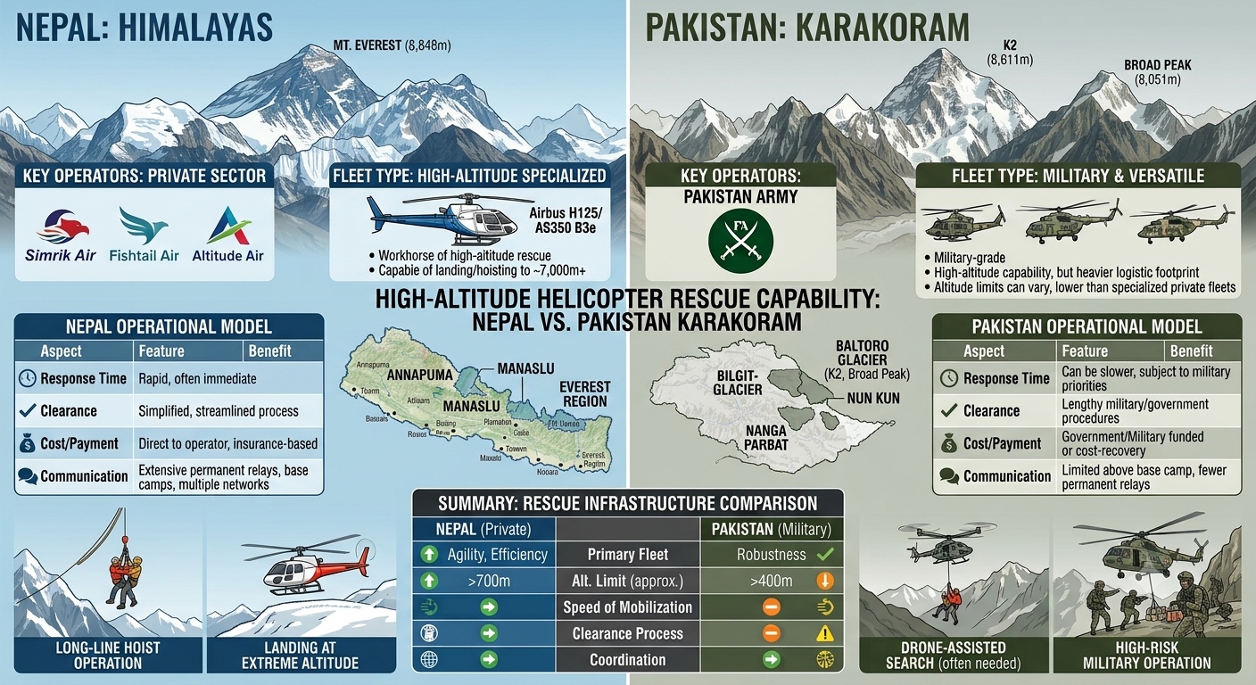 Nepal vs. Pakistan High-Altitude Rescue, Compared Comparison graphic of helicopter rescue capability in Nepal versus Pakistan's Karakoram range