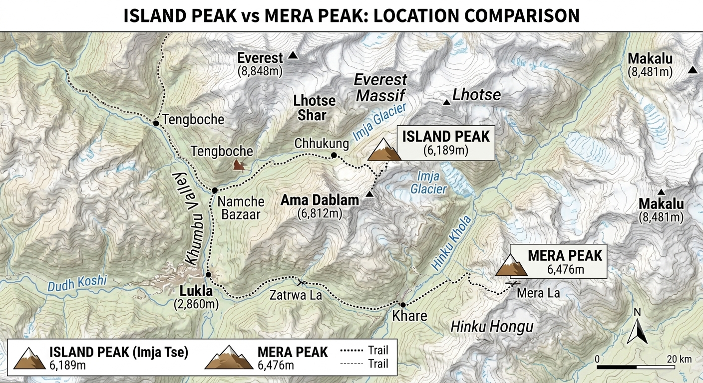 Map comparing the locations of Island Peak and Mera Peak in Nepal's Khumbu and Hinku valleys