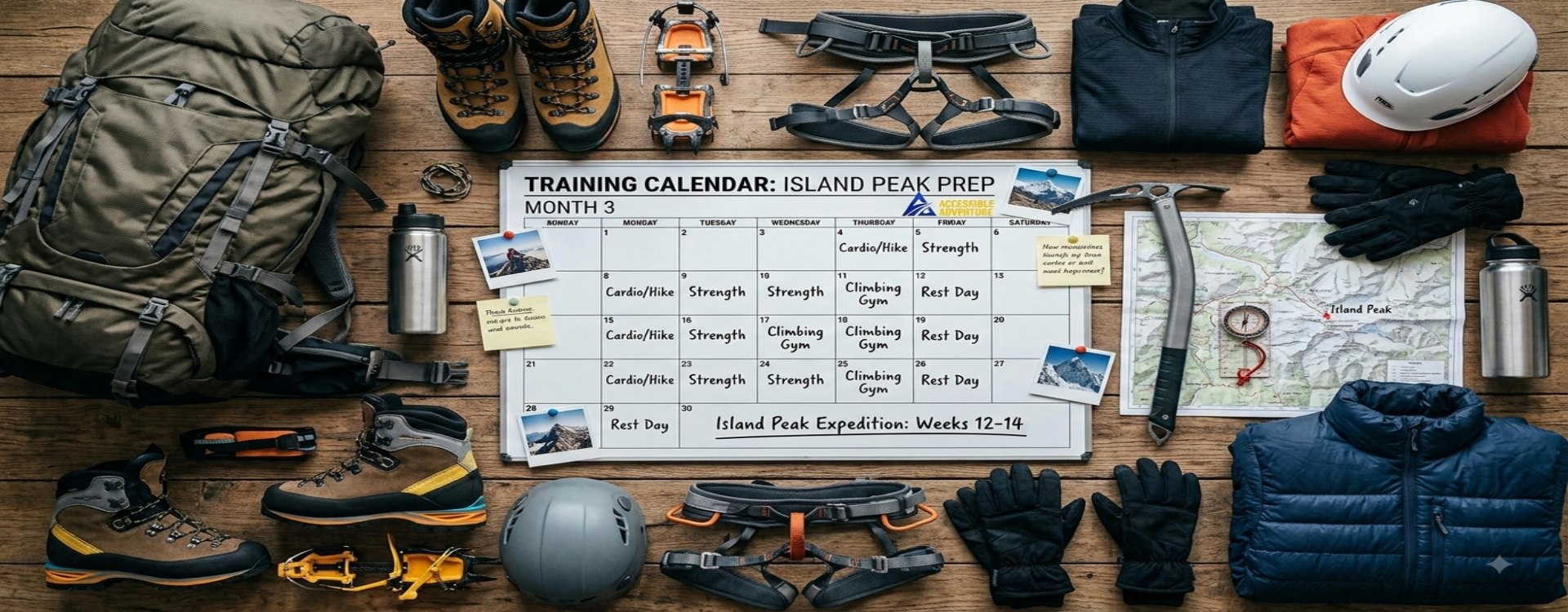 Training calendar and hiking gear laid out for Island Peak preparation planning