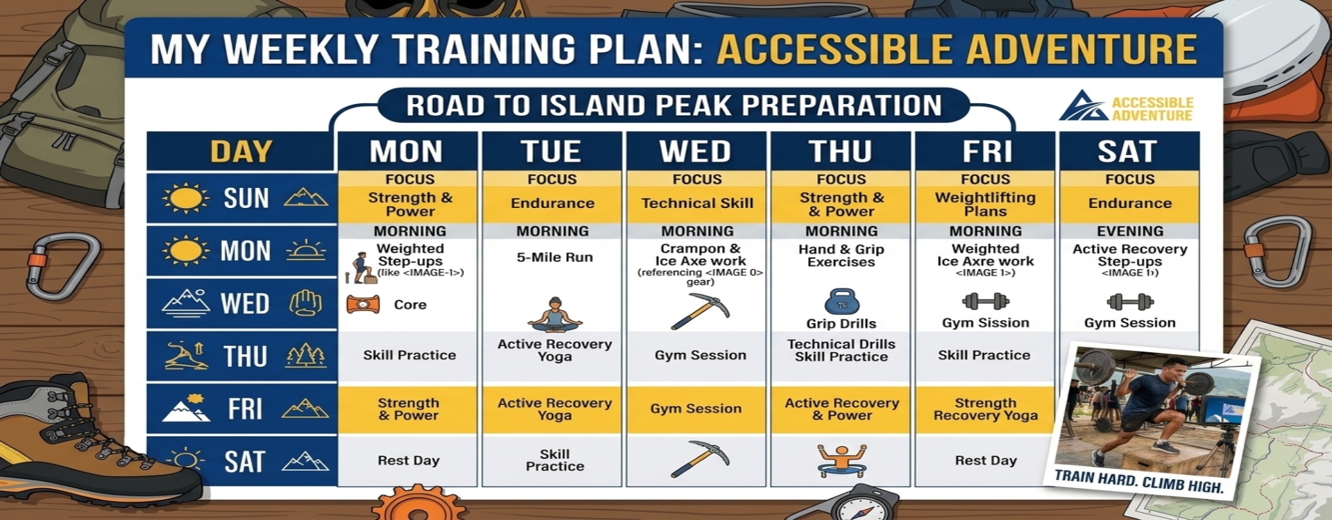 Sample weekly training schedule balancing cardio, strength, and loaded hikes