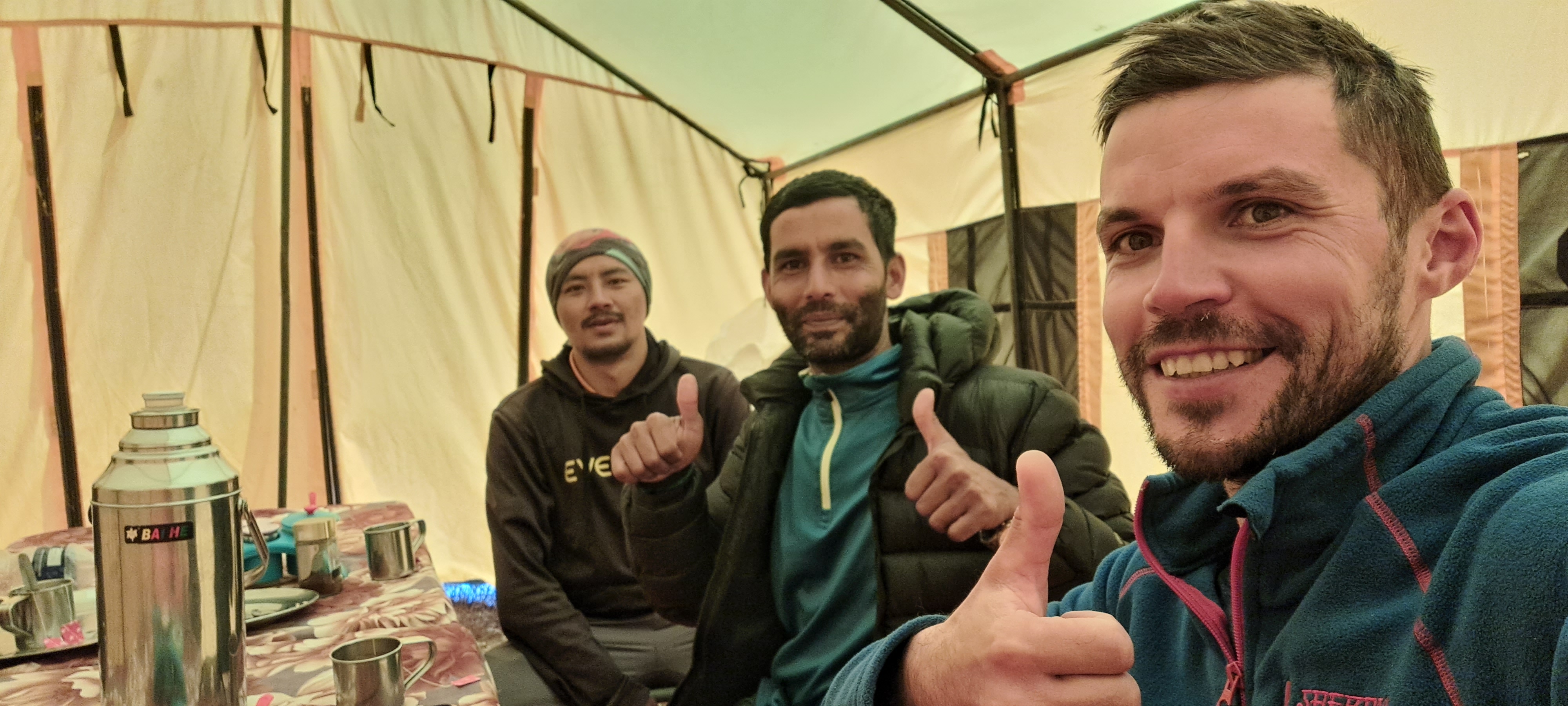 Trekking team resting together at a tea house in the Everest region