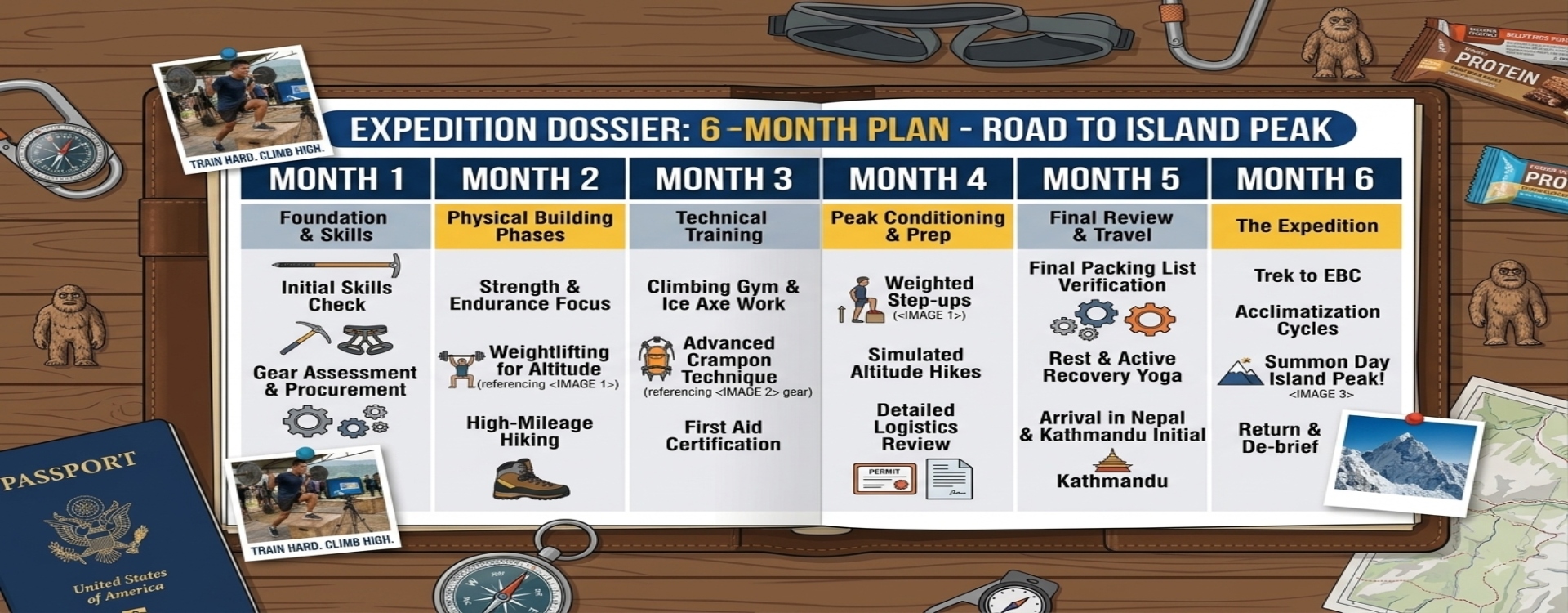Infographic showing a four to six month Island Peak training progression timeline