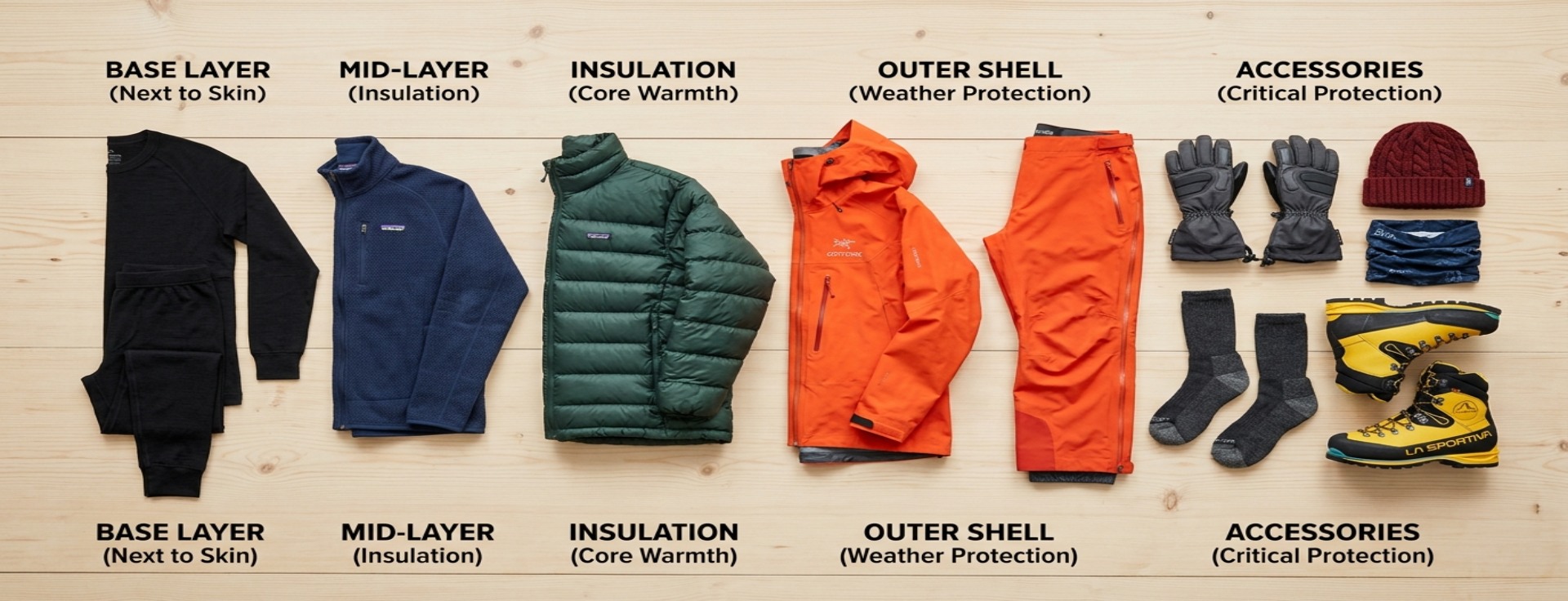 Complete layering system for Island Peak summit day, base layer to shell