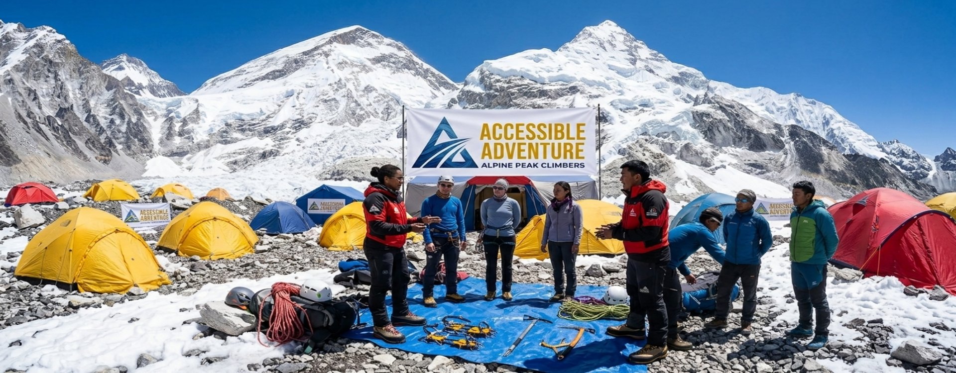 Accessible Adventure guide conducting a pre-summit gear check at Island Peak base camp