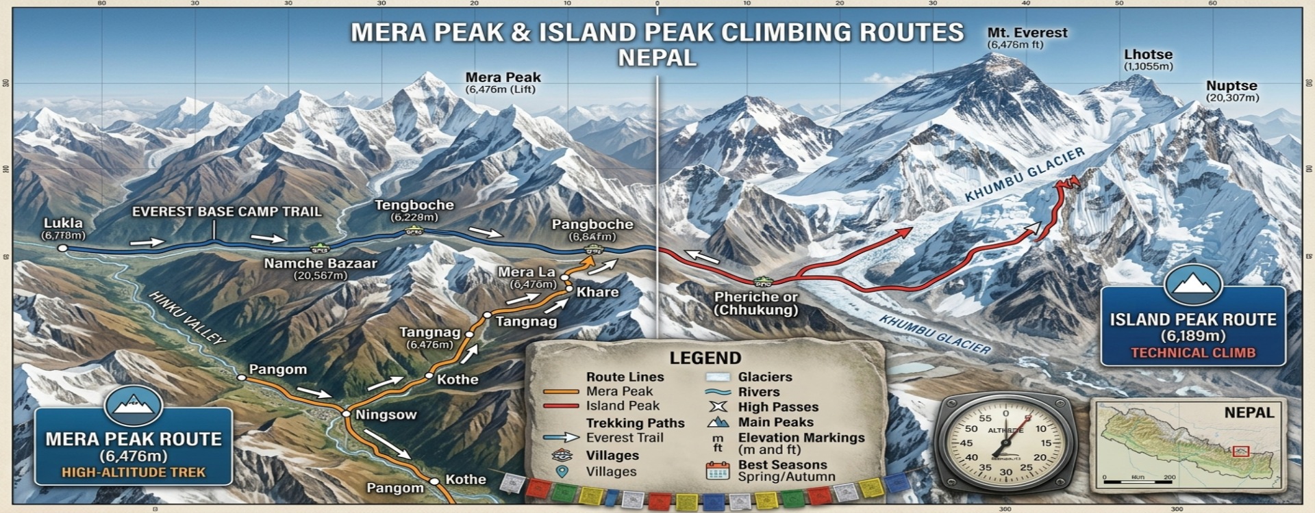 mera-peak-island-peak-route-map-nepal Map comparing the Mera Peak Hinku Valley route and Island Peak Khumbu route from Lukla