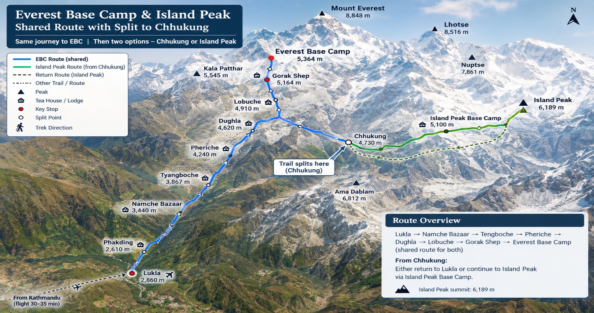 Map of the shared Everest Base Camp and Island Peak route showing where the trail splits toward Chhukung