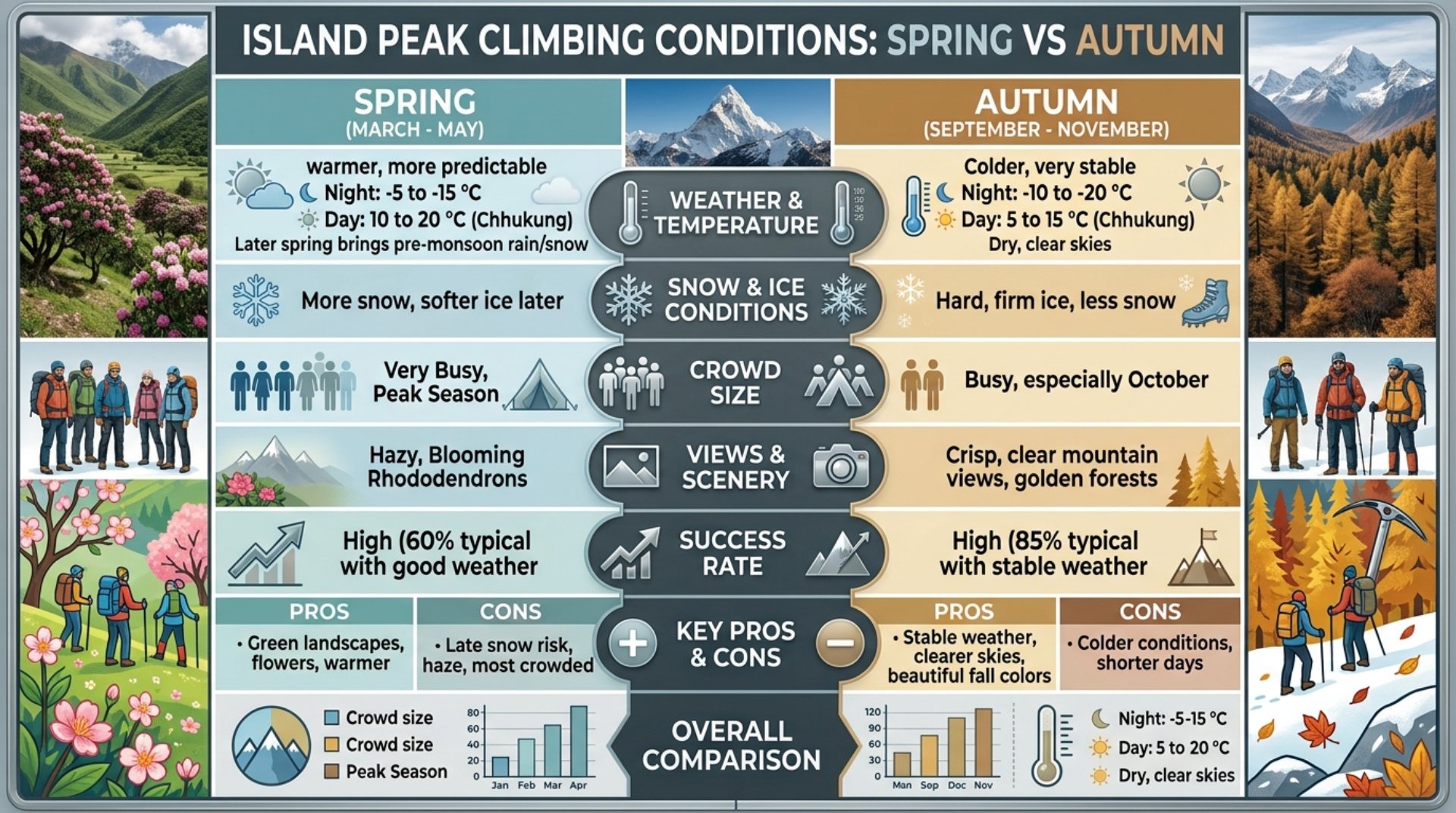 Infographic comparing Island Peak spring and autumn climbing conditions