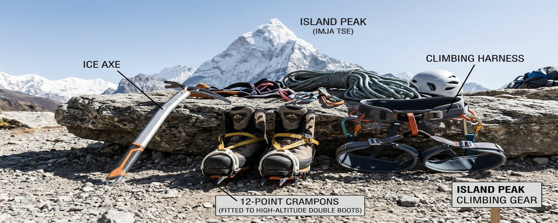 Island Peak climbing gear including crampons, ice axe, and harness