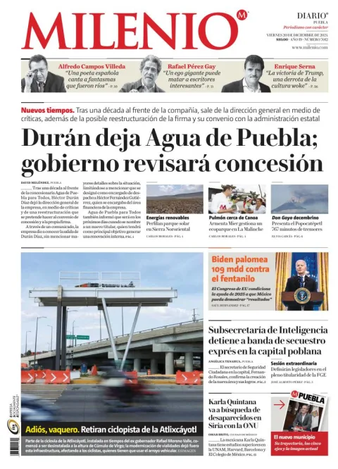 Portada de Milenio Puebla del viernes, 20 de diciembre de 2024