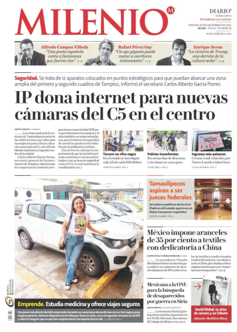 Portada de Milenio Tamaulipas del viernes, 20 de diciembre de 2024