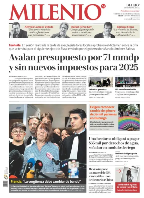 Portada de Milenio Laguna del viernes, 20 de diciembre de 2024