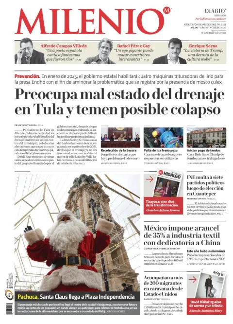 Portada de Milenio Hidalgo del viernes, 20 de diciembre de 2024