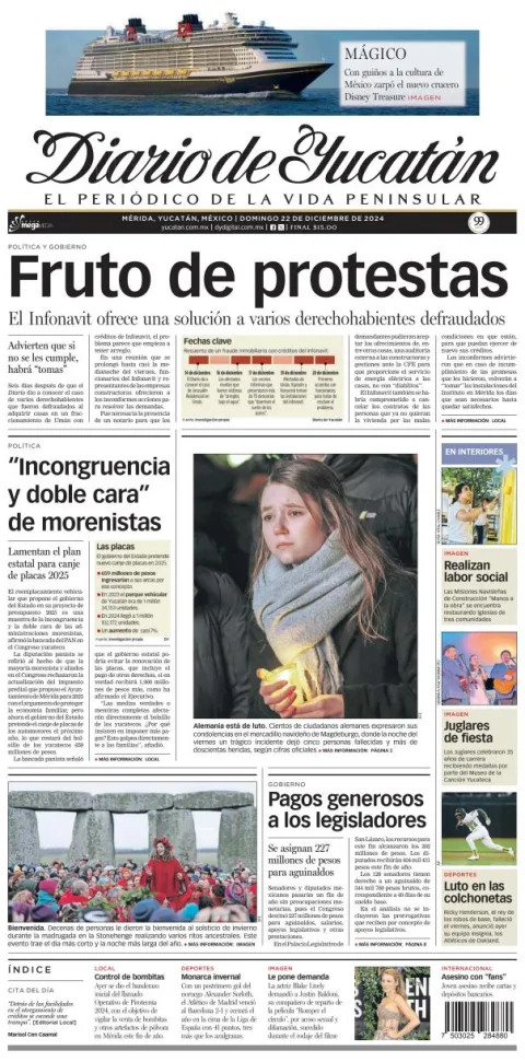 Portada de Diario de Yucatán del domingo, 22 de diciembre de 2024