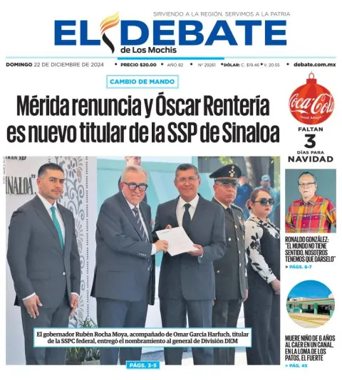 Portada de El Debate de los Mochis del domingo, 22 de diciembre de 2024