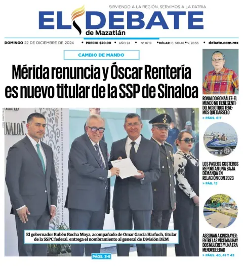 Portada de El Debate de Mazatlán del domingo, 22 de diciembre de 2024