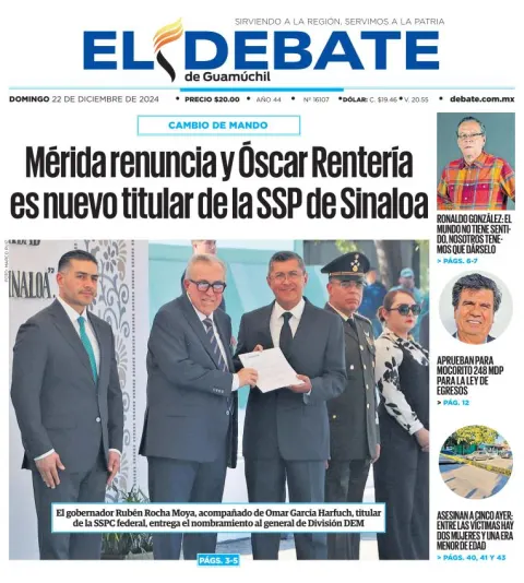 Portada de El Debate de Guamúchil del domingo, 22 de diciembre de 2024