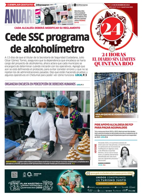 Portada de 24 Horas Quintana Roo del lunes, 23 de diciembre de 2024