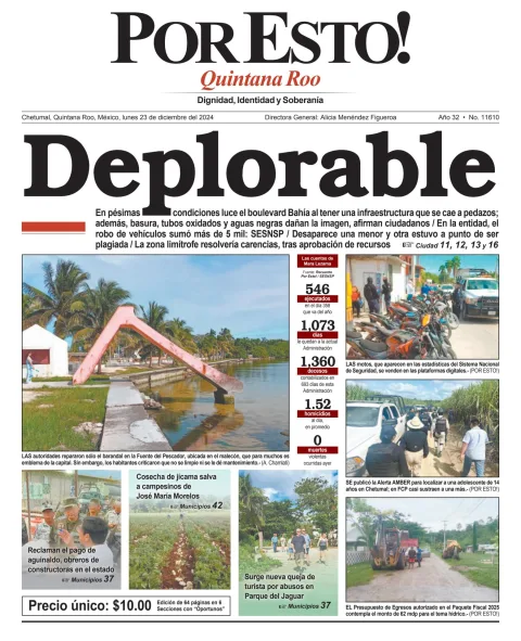 Portada de Por Esto (quintana Roo Chetumal) del lunes, 23 de diciembre de 2024