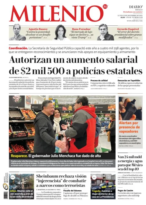 Portada de Milenio Hidalgo del lunes, 23 de diciembre de 2024