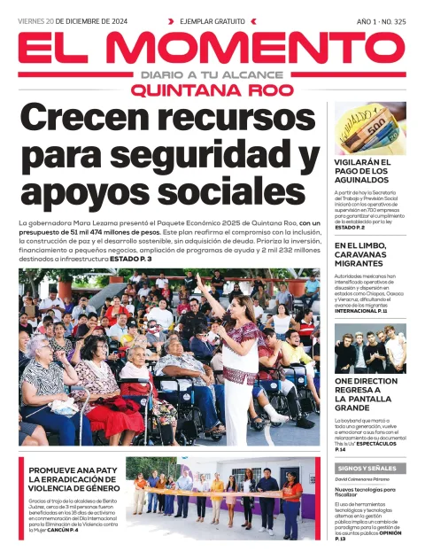 Portada de El Momento Quintana Roo del viernes, 20 de diciembre de 2024