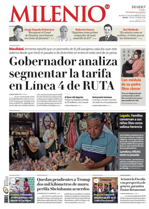 Portada de Milenio Puebla del martes, 24 de diciembre de 2024