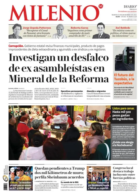 Portada de Milenio Hidalgo del martes, 24 de diciembre de 2024