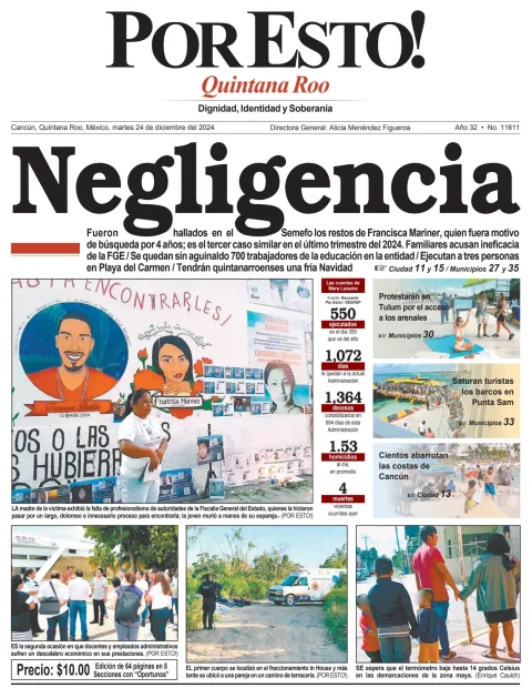 Portada de Por Esto (quintana Roo Cancun) del martes, 24 de diciembre de 2024