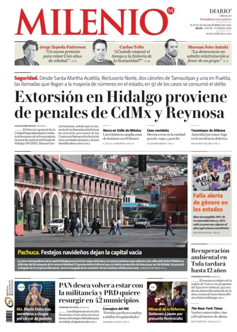 Portada de Milenio Hidalgo del jueves, 26 de diciembre de 2024