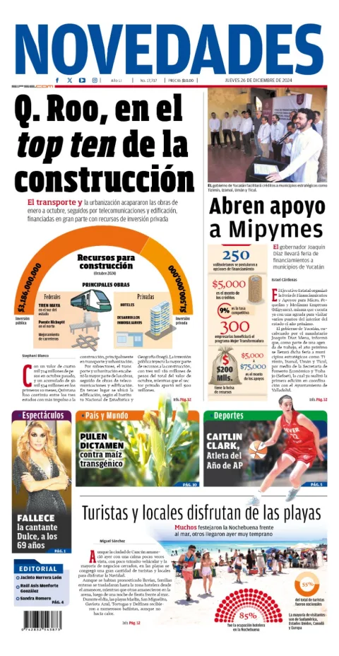 Portada de Novedades Yucatan del jueves, 26 de diciembre de 2024