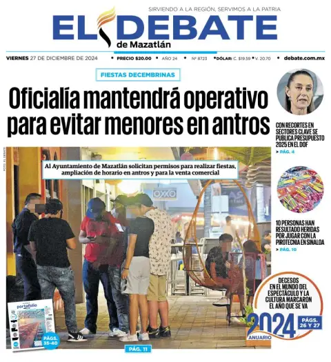 Portada de El Debate de Mazatlán del viernes, 27 de diciembre de 2024