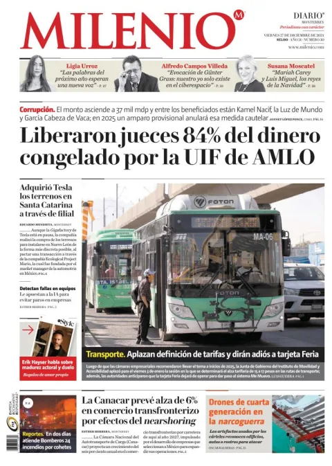 Portada de Milenio Monterrey del viernes, 27 de diciembre de 2024