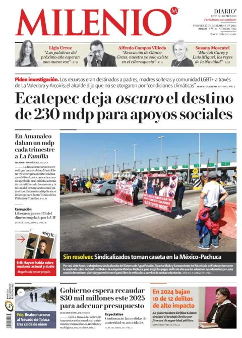 Portada de Milenio Edo de México del viernes, 27 de diciembre de 2024