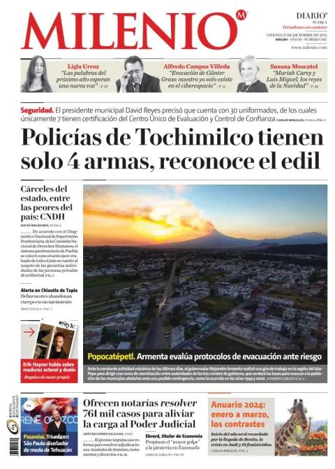 Portada de Milenio Puebla del viernes, 27 de diciembre de 2024