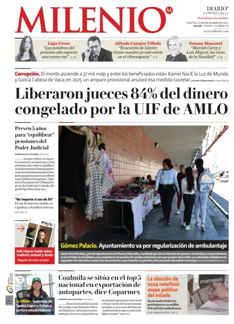 Portada de Milenio Laguna del viernes, 27 de diciembre de 2024