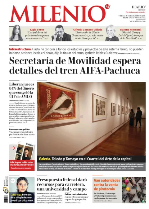 Portada de Milenio Hidalgo del viernes, 27 de diciembre de 2024