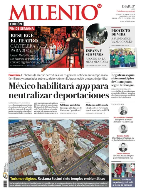 Portada de Milenio León del sábado, 28 de diciembre de 2024