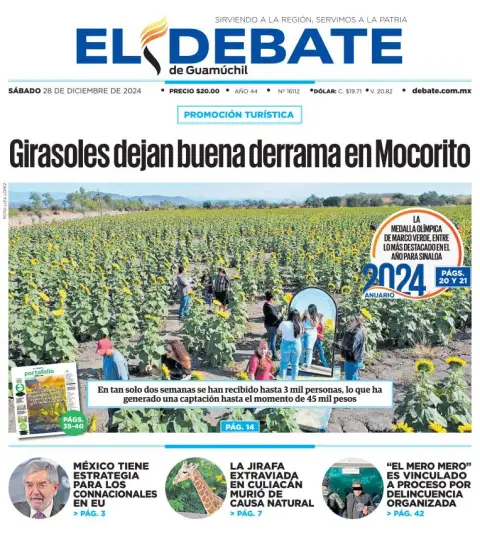 Portada de El Debate de Guamúchil del sábado, 28 de diciembre de 2024