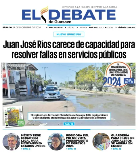 Portada de El Debate de Guasave del sábado, 28 de diciembre de 2024