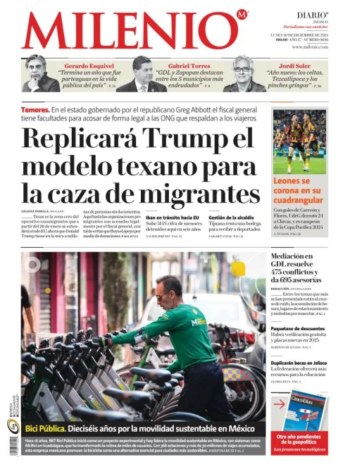 Portada de Milenio Jalisco del lunes, 30 de diciembre de 2024