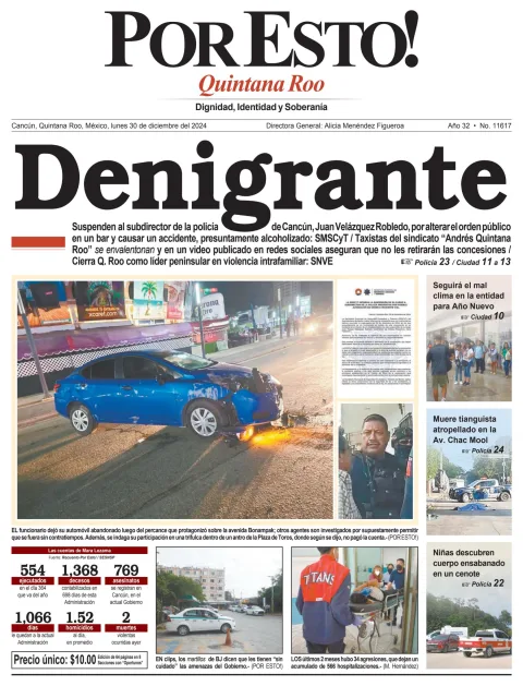 Portada de Por Esto (quintana Roo Cancun) del lunes, 30 de diciembre de 2024
