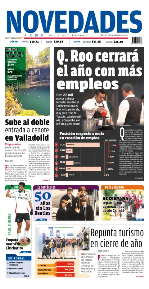 Portada de Novedades Yucatan del lunes, 30 de diciembre de 2024