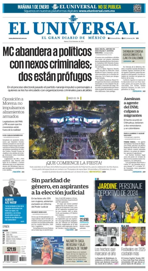 Portada de El Universal del martes, 31 de diciembre de 2024