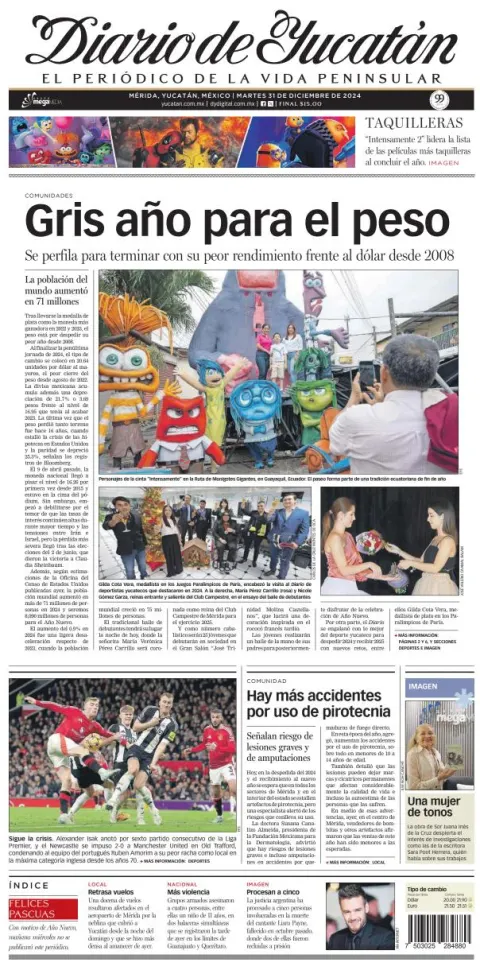 Portada de Diario de Yucatán del martes, 31 de diciembre de 2024