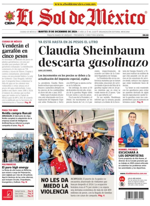 Portada de El Sol de México del martes, 31 de diciembre de 2024
